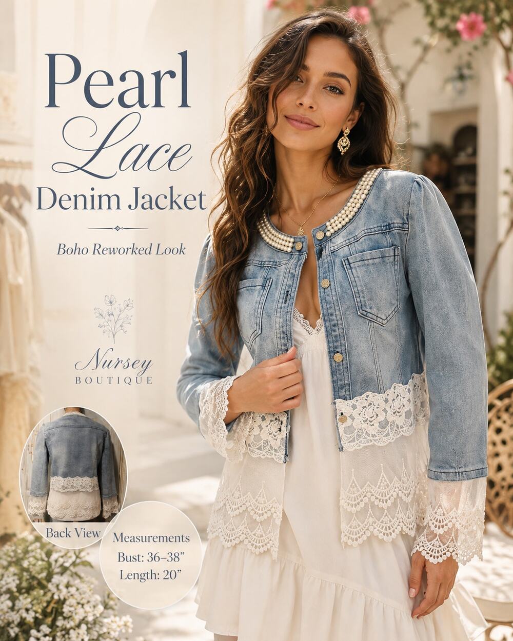 WTY Pearl Collar Lace Denim Jacket Reworked Boho Coquette Cropped
